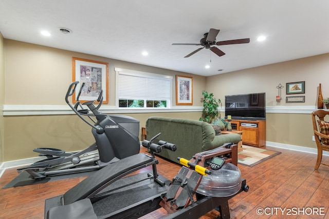 3981 Acadia Dr, Hudsonville, MI 49426 - exercise room with light wood-type flooring, ceiling fan, and recessed lighting