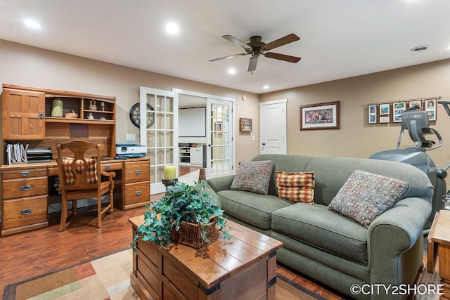 3981 Acadia Dr, Hudsonville, MI 49426 - living room featuring a ceiling fan, wood finished floors, a desk, and recessed lighting