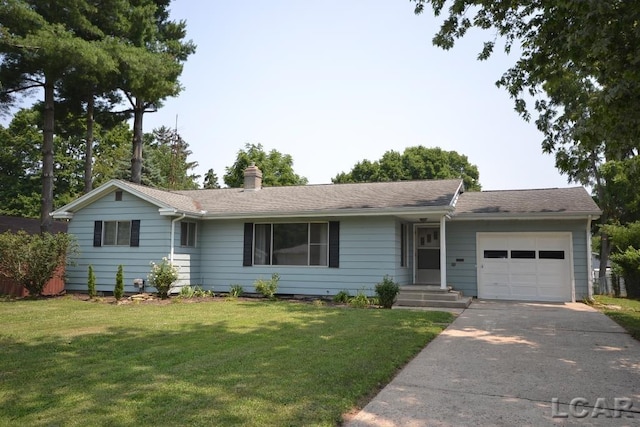 304 N Van Buren St, Tecumseh, MI 49286 - ranch-style house with an attached garage, driveway, a chimney, and a front lawn