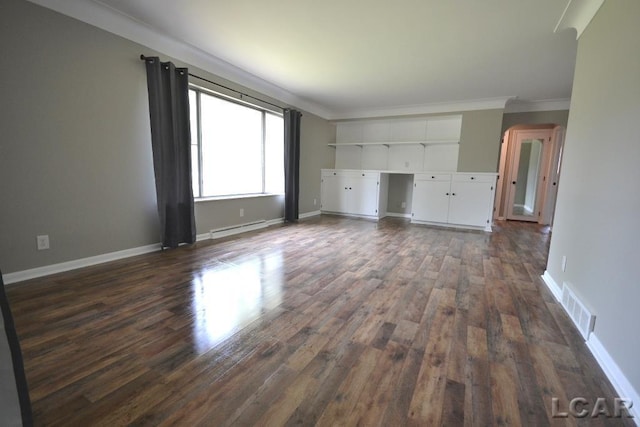 304 N Van Buren St, Tecumseh, MI 49286 - unfurnished living room with baseboard heating, dark wood-style flooring, and crown molding