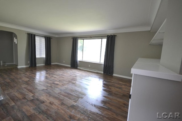 304 N Van Buren St, Tecumseh, MI 49286 - empty room with arched walkways, ornamental molding, dark wood-type flooring, and baseboard heating