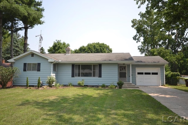 304 N Van Buren St, Tecumseh, MI 49286 - ranch-style home featuring an attached garage, driveway, a front yard, and a chimney