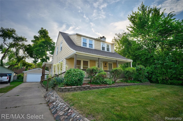 619 Frank St, Flint, MI 48504 - view of front of property featuring a porch, a front yard, an outdoor structure, and a chimney