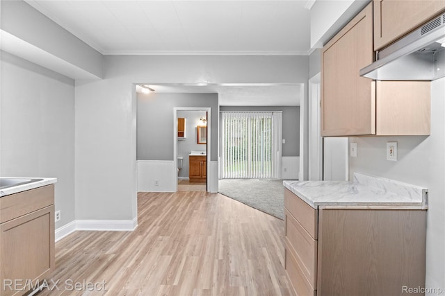 619 Frank St, Flint, MI 48504 - kitchen with light wood finished floors, under cabinet range hood, light countertops, ornamental molding, and a wainscoted wall