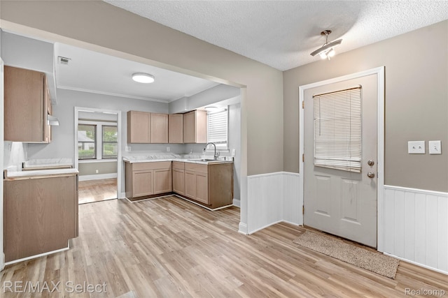 619 Frank St, Flint, MI 48504 - kitchen featuring light wood-type flooring, a wainscoted wall, light countertops, and a textured ceiling