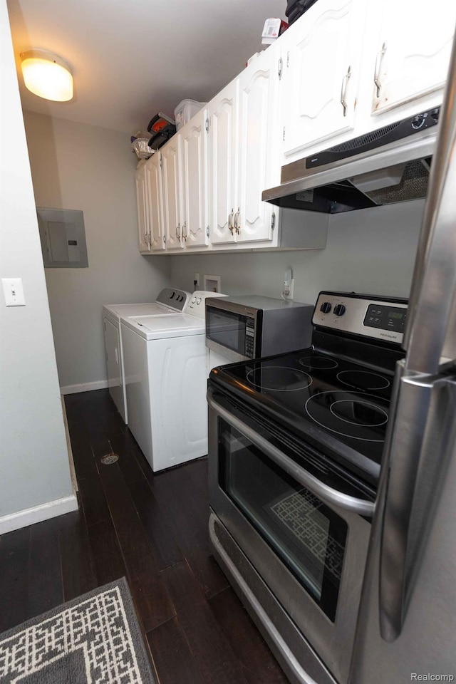 3091 Oakridge Ct, Lake Orion, MI 48360 - laundry room with electric panel, washer and clothes dryer, and dark wood-type flooring
