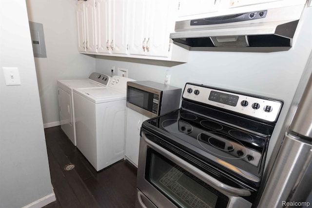 3091 Oakridge Ct, Lake Orion, MI 48360 - laundry room with washer and dryer, electric panel, and dark wood finished floors