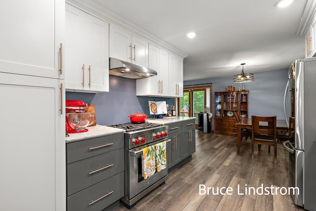 15520 157th Ave, Big Rapids, MI 49307 - kitchen featuring appliances with stainless steel finishes, under cabinet range hood, gray cabinets, white cabinetry, and dark wood-style floors