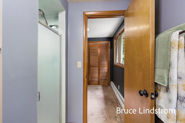 15520 157th Ave, Big Rapids, MI 49307 - bathroom featuring a baseboard radiator and a shower stall