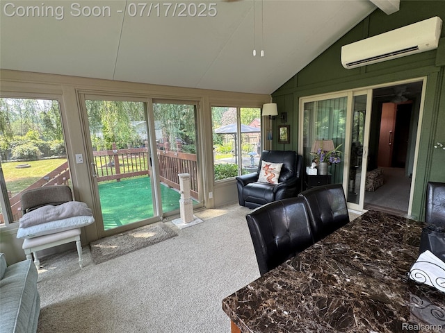 2185 Roslyn Ave, Flint, MI 48532 - sunroom / solarium with an AC wall unit, lofted ceiling, plenty of natural light, and carpet flooring
