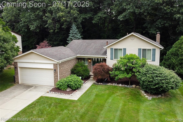 625 Ten Point Dr, Rochester Hills, MI 48309 - tri-level home featuring a garage, brick siding, driveway, a front lawn, and a chimney