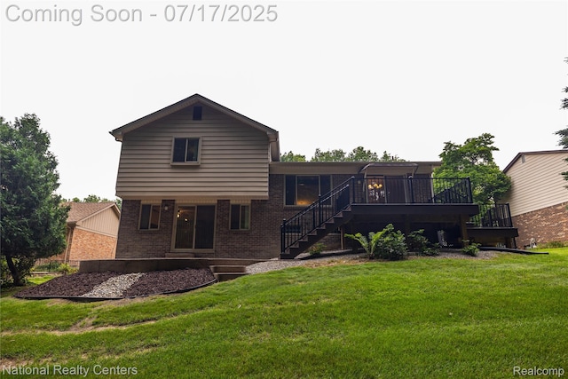 625 Ten Point Dr, Rochester Hills, MI 48309 - rear view of house with brick siding, stairs, a yard, and a deck