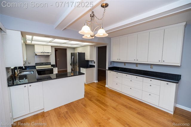 625 Ten Point Dr, Rochester Hills, MI 48309 - kitchen with electric range, freestanding refrigerator, light wood-style floors, white cabinetry, and a peninsula