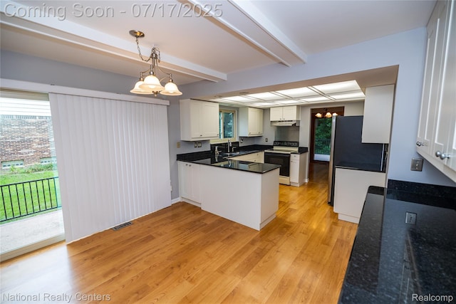625 Ten Point Dr, Rochester Hills, MI 48309 - kitchen with white range with electric stovetop, freestanding refrigerator, light wood finished floors, a peninsula, and under cabinet range hood