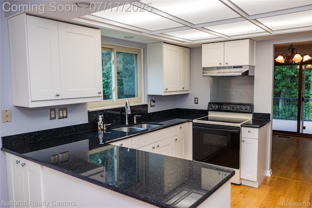 625 Ten Point Dr, Rochester Hills, MI 48309 - kitchen with electric range oven, under cabinet range hood, white cabinets, light wood-style floors, and dark stone counters