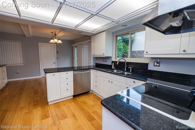 625 Ten Point Dr, Rochester Hills, MI 48309 - kitchen with wall chimney range hood, dishwasher, a peninsula, white cabinetry, and light wood-type flooring