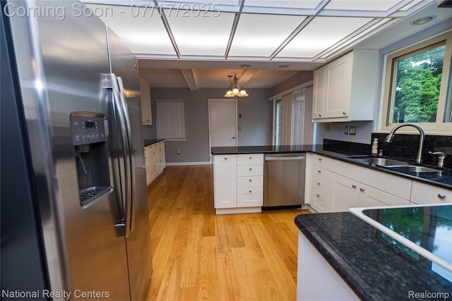 625 Ten Point Dr, Rochester Hills, MI 48309 - kitchen with stainless steel appliances, a peninsula, white cabinetry, and light wood-style flooring