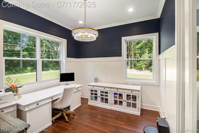 7171 Lucy Dr, Dexter, MI 48130 - office area featuring ornamental molding, wainscoting, a chandelier, dark wood-type flooring, and plenty of natural light