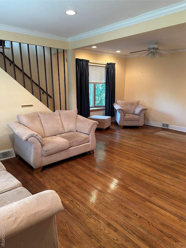 19817 Martin Rd, Saint Clair Shores, MI 48081 - living area with ornamental molding, wood finished floors, ceiling fan, stairway, and recessed lighting