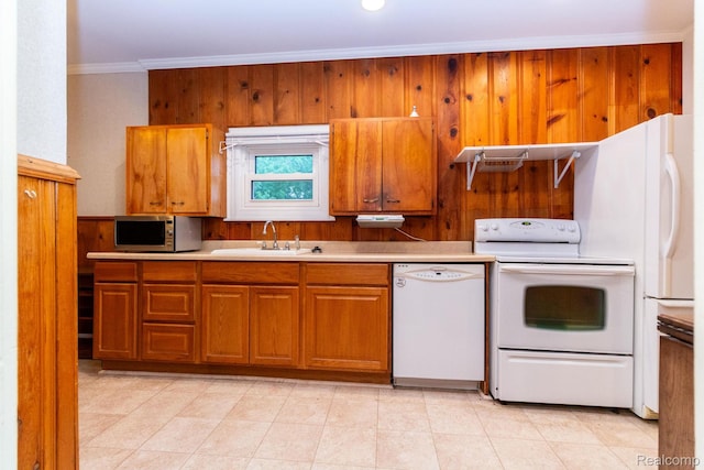 19817 Martin Rd, Saint Clair Shores, MI 48081 - kitchen featuring white appliances, brown cabinetry, ornamental molding, and light countertops