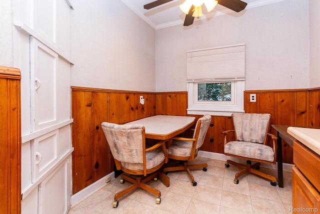 19817 Martin Rd, Saint Clair Shores, MI 48081 - dining space with ornamental molding, wooden walls, wainscoting, and a ceiling fan