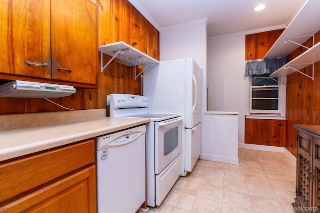 19817 Martin Rd, Saint Clair Shores, MI 48081 - kitchen featuring white appliances, ornamental molding, brown cabinetry, light countertops, and wooden walls