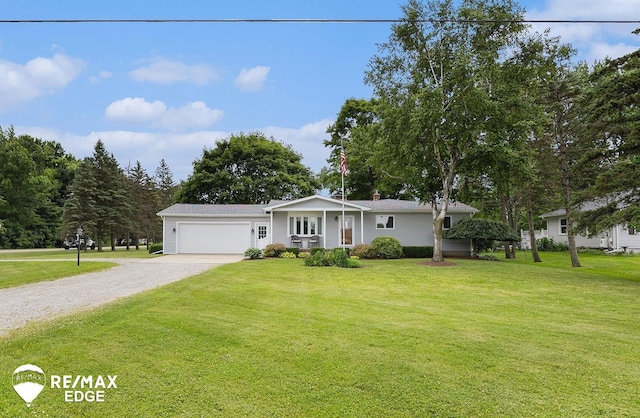 8208 E Potter Rd, Davison, MI 48423 - single story home with driveway, a garage, a front yard, and a chimney