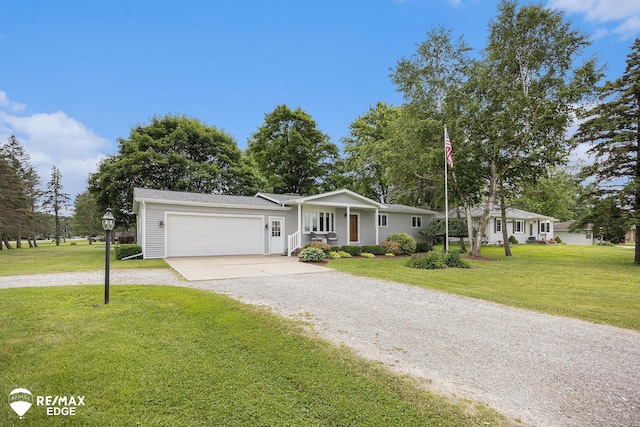 8208 E Potter Rd, Davison, MI 48423 - ranch-style home with concrete driveway, an attached garage, a front lawn, and covered porch
