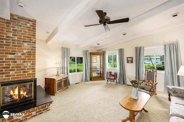 8208 E Potter Rd, Davison, MI 48423 - carpeted living area with a ceiling fan and a brick fireplace