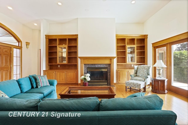43 Sawmill Creek Trl, Saginaw, MI 48603 - living room with wood finished floors, a fireplace, and recessed lighting
