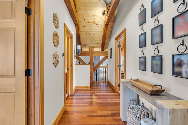 12500 Round Lake Rd, Horton, MI 49246 - hallway with a wood ceiling with exposed beams and wood finished floors
