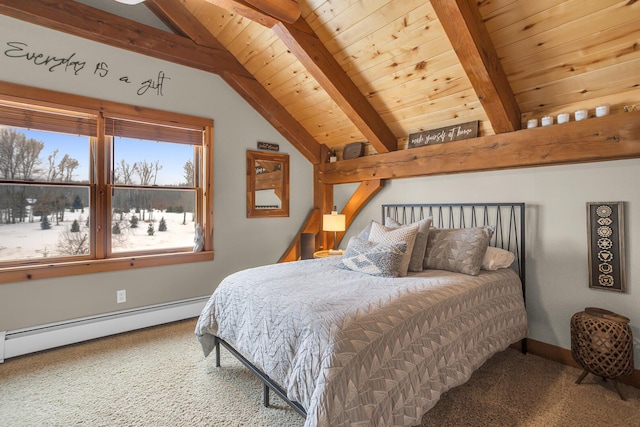 12500 Round Lake Rd, Horton, MI 49246 - bedroom featuring a baseboard radiator, carpet, and wooden ceiling