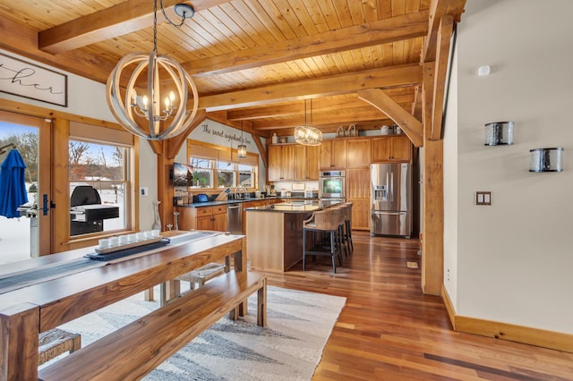 12500 Round Lake Rd, Horton, MI 49246 - dining room with a chandelier, dark wood-type flooring, and a wood ceiling with exposed beams
