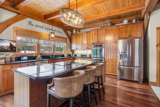 12500 Round Lake Rd, Horton, MI 49246 - kitchen featuring appliances with stainless steel finishes, a wood ceiling with exposed beams, dark wood-style flooring, a center island, and a chandelier