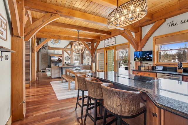 12500 Round Lake Rd, Horton, MI 49246 - kitchen featuring a chandelier, healthy amount of natural light, dark countertops, wood ceiling, and wood finished floors