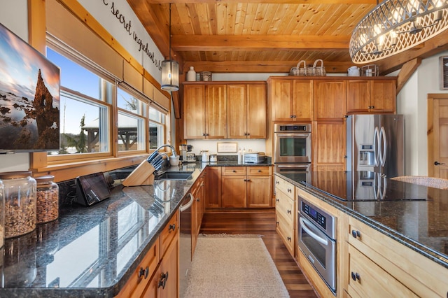 12500 Round Lake Rd, Horton, MI 49246 - kitchen featuring appliances with stainless steel finishes, a wood ceiling with exposed beams, dark wood finished floors, dark stone counters, and decorative light fixtures