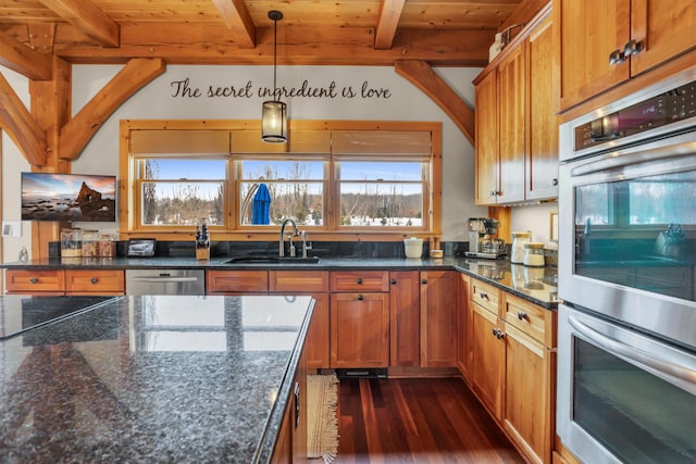 12500 Round Lake Rd, Horton, MI 49246 - kitchen with a wood ceiling with exposed beams, stainless steel appliances, dark wood finished floors, dark stone countertops, and pendant lighting