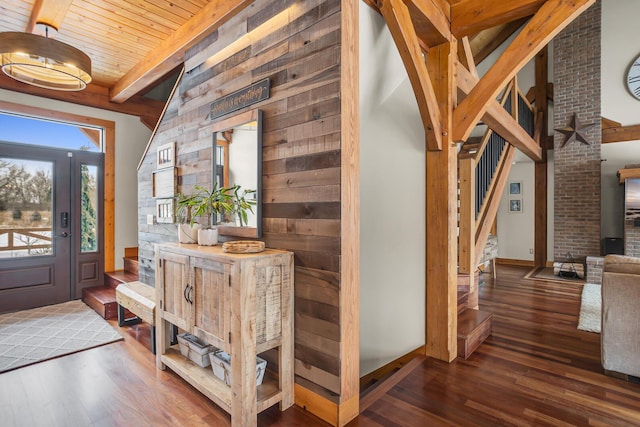 12500 Round Lake Rd, Horton, MI 49246 - entryway featuring wood-type flooring, stairs, and a wood ceiling with exposed beams