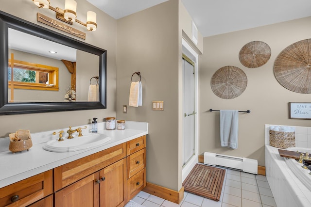 12500 Round Lake Rd, Horton, MI 49246 - full bath featuring a baseboard radiator, vanity, tile patterned flooring, a bath, and a stall shower