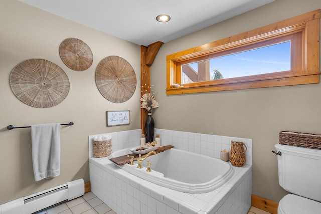 12500 Round Lake Rd, Horton, MI 49246 - bathroom featuring a baseboard heating unit, a garden tub, tile patterned flooring, and recessed lighting