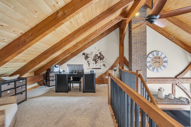 12500 Round Lake Rd, Horton, MI 49246 - office space featuring wooden ceiling, light colored carpet, and ceiling fan