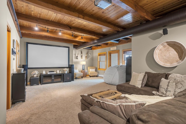 12500 Round Lake Rd, Horton, MI 49246 - carpeted cinema with a wooden ceiling with exposed beams and rail lighting