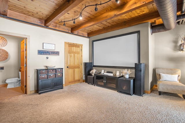 12500 Round Lake Rd, Horton, MI 49246 - cinema room featuring a wooden ceiling with exposed beams, carpet, and rail lighting