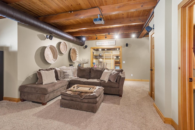 12500 Round Lake Rd, Horton, MI 49246 - living area featuring light carpet, a wood ceiling with exposed beams, and track lighting