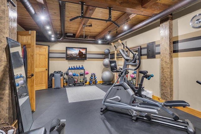 12500 Round Lake Rd, Horton, MI 49246 - exercise room featuring electric panel and wooden ceiling