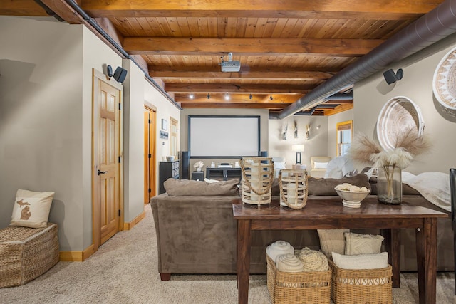 12500 Round Lake Rd, Horton, MI 49246 - carpeted home theater featuring a wooden ceiling with exposed beams and baseboards