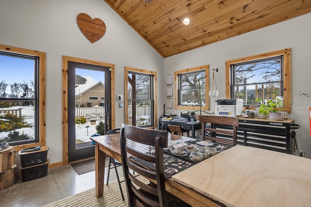 12500 Round Lake Rd, Horton, MI 49246 - dining room with plenty of natural light, wooden ceiling, speckle patterned floor, and high vaulted ceiling
