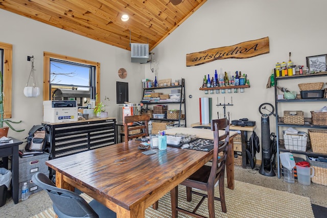 12500 Round Lake Rd, Horton, MI 49246 - dining room with speckle patterned floor, wooden ceiling, lofted ceiling, and electric panel