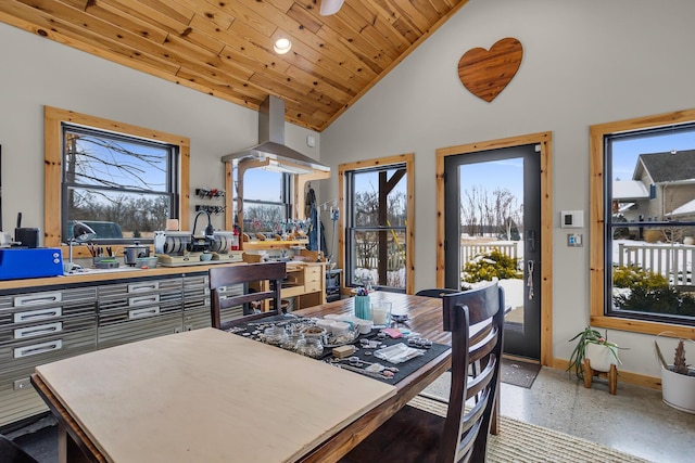 12500 Round Lake Rd, Horton, MI 49246 - dining area featuring dark speckled floor, high vaulted ceiling, and wooden ceiling