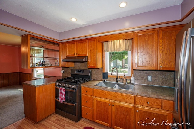 126 E Cherry St, Wayland, MI 49348 - kitchen featuring appliances with stainless steel finishes, under cabinet range hood, brown cabinetry, a peninsula, and a wainscoted wall